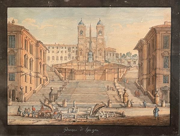Piazza di Spagna  (XIX secolo)  - Gouache - Auction Timed auction / Christmas brocantage - DAMS Casa d'Aste