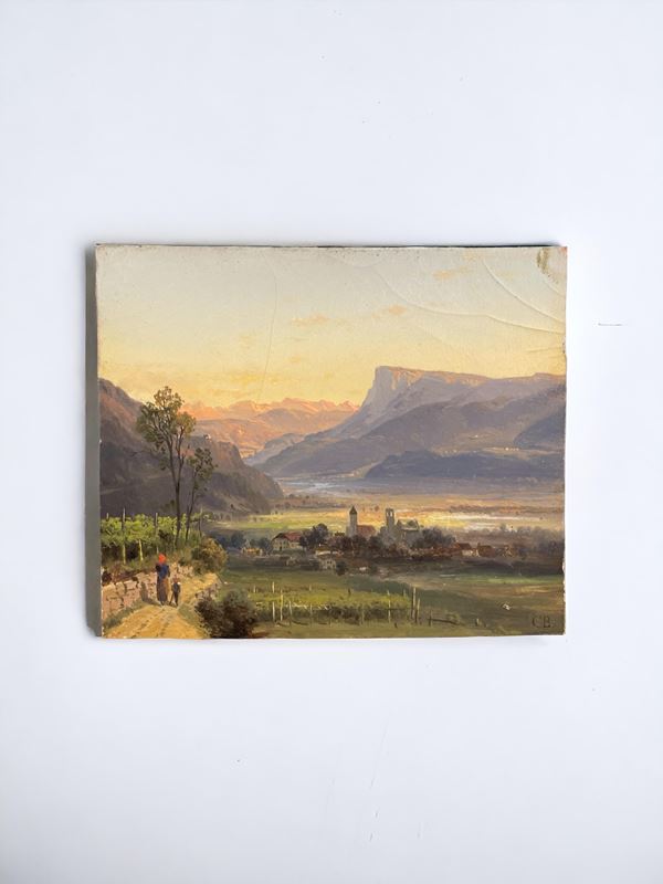 Paesaggio al tramonto con personaggi