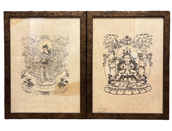 Coppia di stampe thailandesi su carta di riso