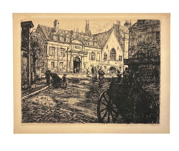 Ernest  - Marie Herscher - Set di due incisioni: La Pitiè; Démolition de l'ancien Hôtel - Dieu