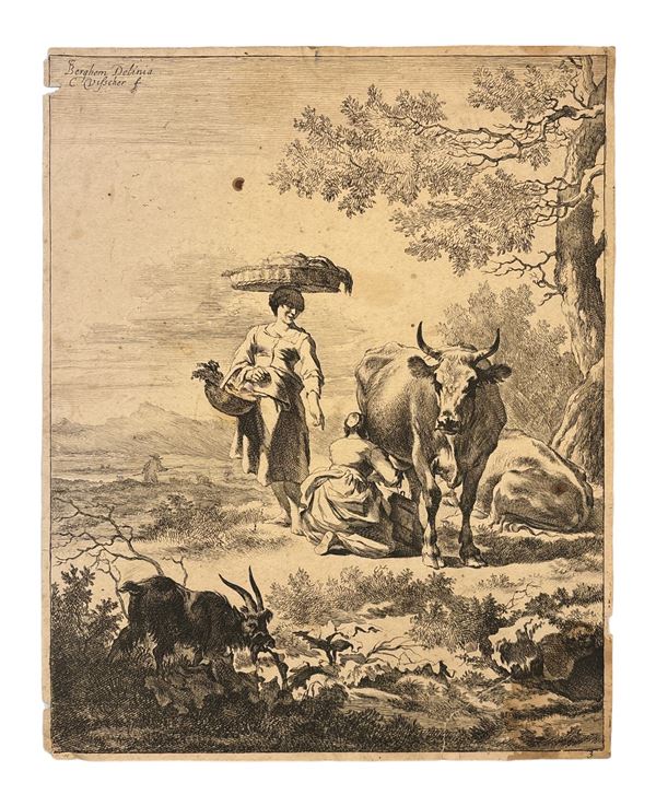 Cornelis II Visscher - Contadina con paniere in testa e cesto al braccio, altra che munge