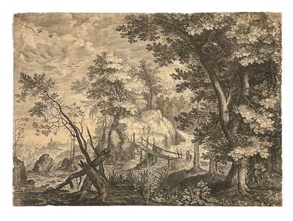Aegidius II Sadeler - Paesaggio boschivo con ponte di legno