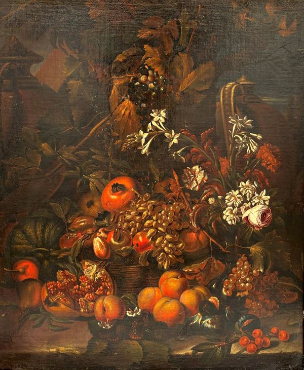 Natura morta con frutti (melograni, pesche, uva, ciliegie e fichi), fiori di sambuco, gigli, zannie rosse, rosa e verdure