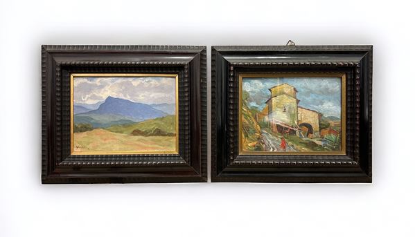 Giuseppe Santelli - Coppia di dipinti. Scorcio di paese e Paesaggio montano