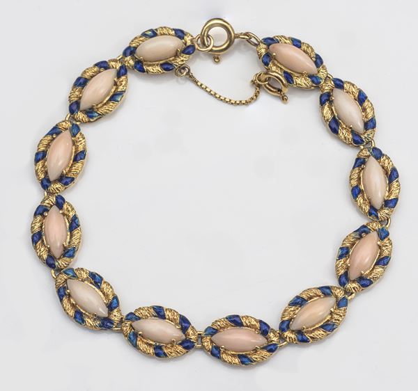 Bracciale in smalto blu cobalto e corallo rosa cabochon
