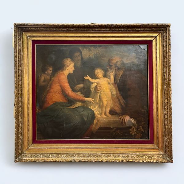 Erich Correns : Sacra Famiglia con Sant'Anna e San Giovannino  - oleografia dipinta a mano e applicata su tela - Asta Arte classica e arte orientale - DAMS Casa d'Aste