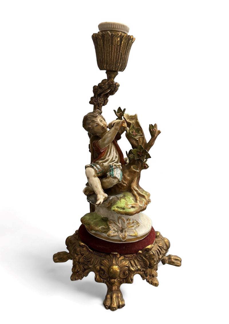 Lampada Bronzo e Porcellana con Suonatore