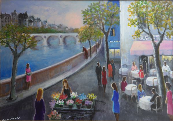 Eliano Fantuzzi : Scorcio di vita parigina  - olio su tela - Auction Arredi e dipinti di una villa a La Giustiniana e altre committenze romane - Web-Live - DAMS Casa d'Aste
