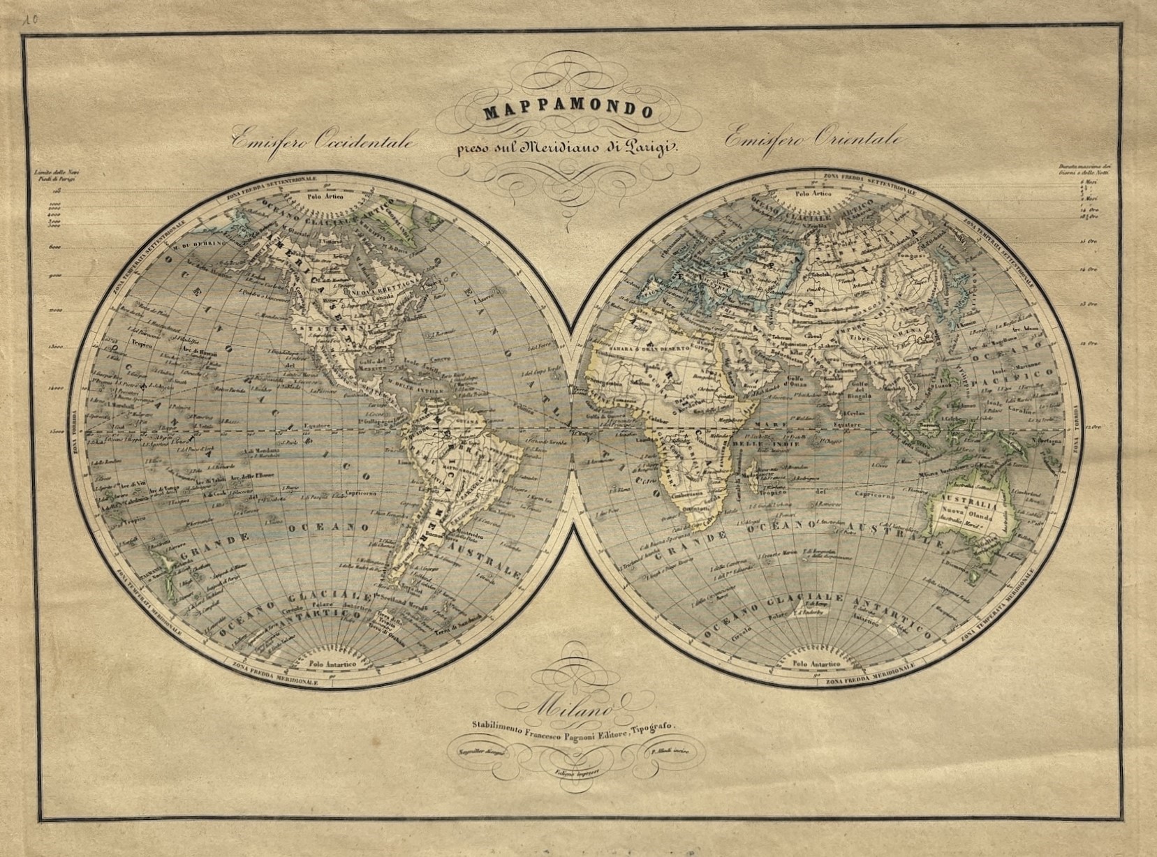 Mappamondo Peso sul Meridiano di Parigi; Planisfero