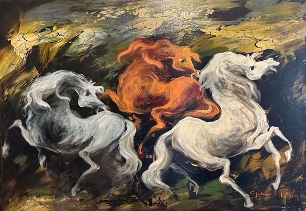 Gianni Testa : Cavalli  - olio su tela - Asta Multipli d'autore & Affordable art del XX secolo - DAMS Casa d'Aste