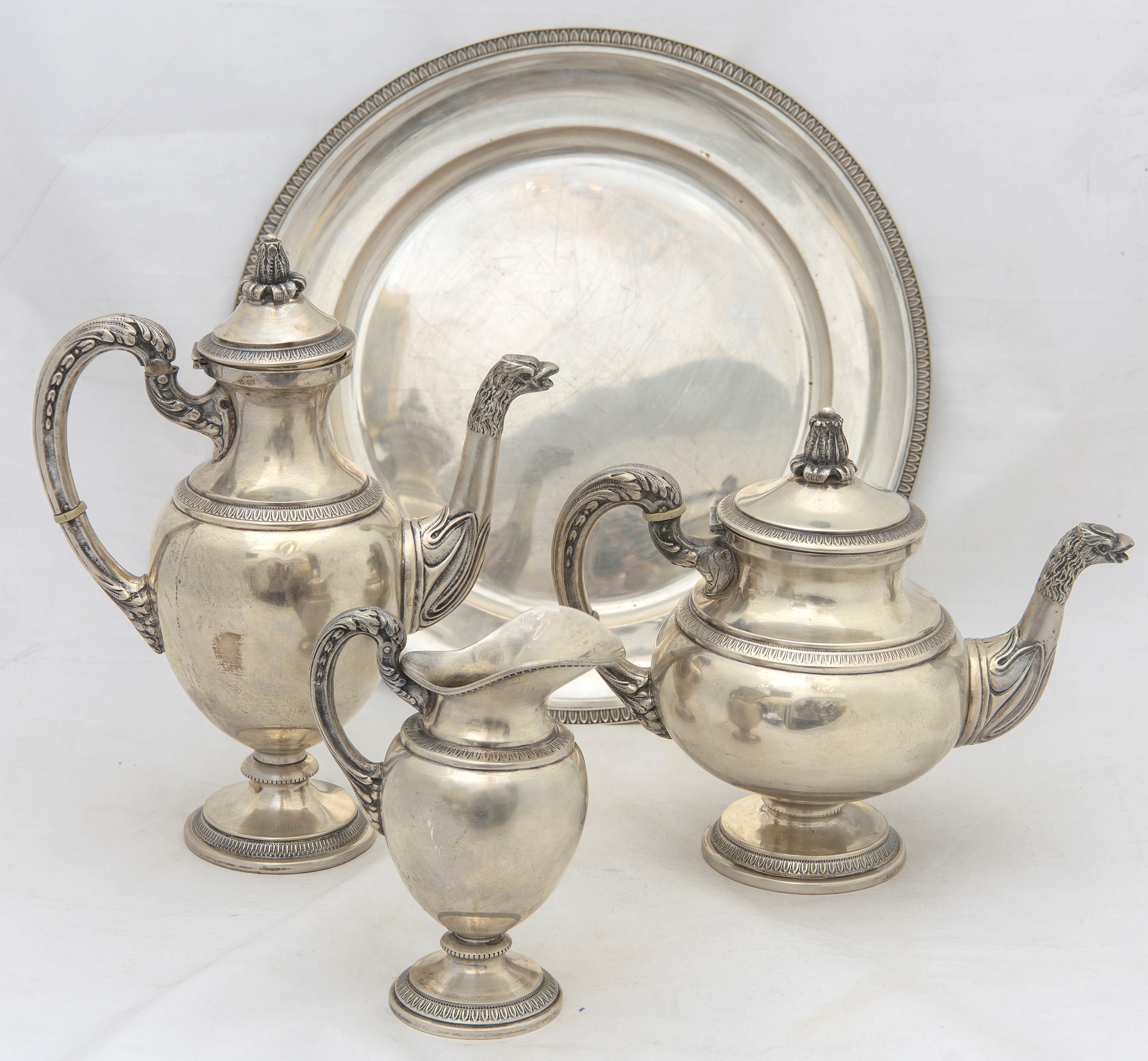 Lattiera, teiera, caffetteria e vassoio in argento 800 1600 gr.