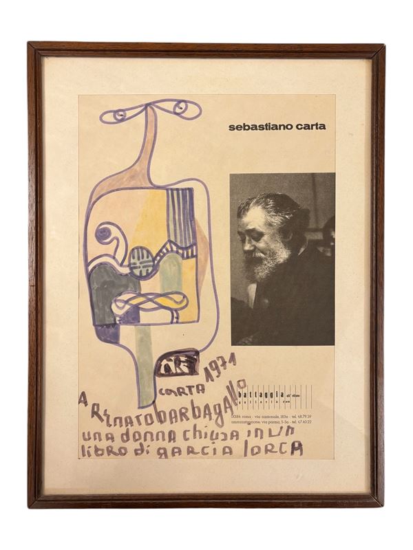 Sebastiano  Carta : Una donna chiusa in un libro di Garcia Lorca  (1971)  - tecnica mista su manifesto - Auction Affordable art of the 20th century - DAMS Casa d'Aste
