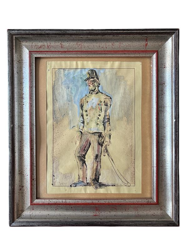Umberto Vittorini : Uomo in uniforme  - acquarello e china su carta - Auction Art Décor -  Web Only - DAMS Casa d'Aste