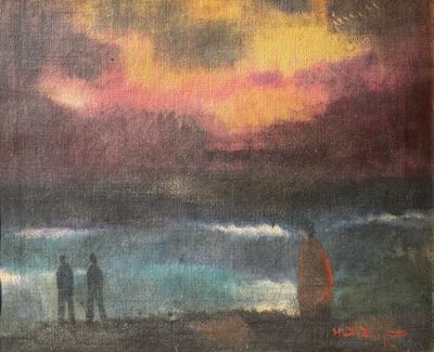 Veduta marina con personaggi, olio su tela