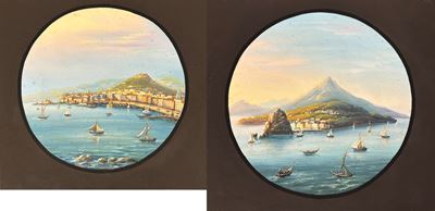 Coppia di Gouaches - Veduta di Ischia e Veduta di Procida