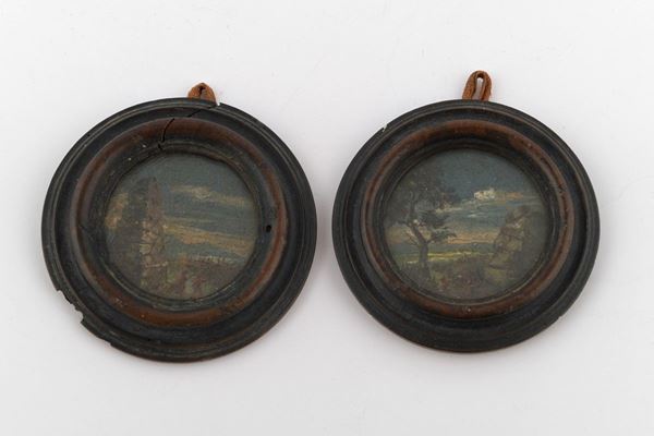 Coppia di miniature con paesaggi