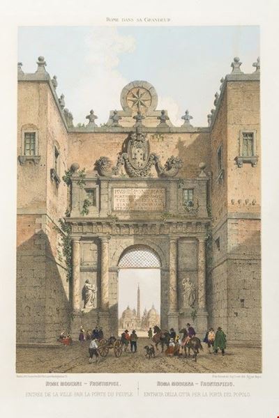 Litografia a Colori Raffigurante L'entrata della Città di Roma per la Porta del Popolo
