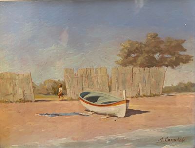 Sulla spiaggia – Coppia di dipinti, olio su tela