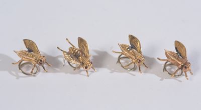 Fermagli in oro giallo 18 kt a forma di mosche, 1950/70