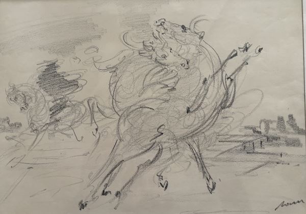 Aligi Sassu - Disegno raffigurante cavalli balzani