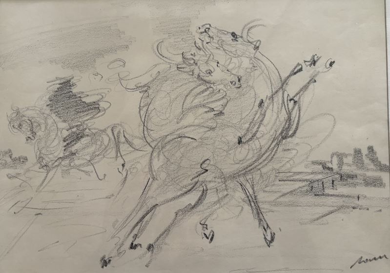 Aligi Sassu - Disegno Raffigurante Cavalli Balzani