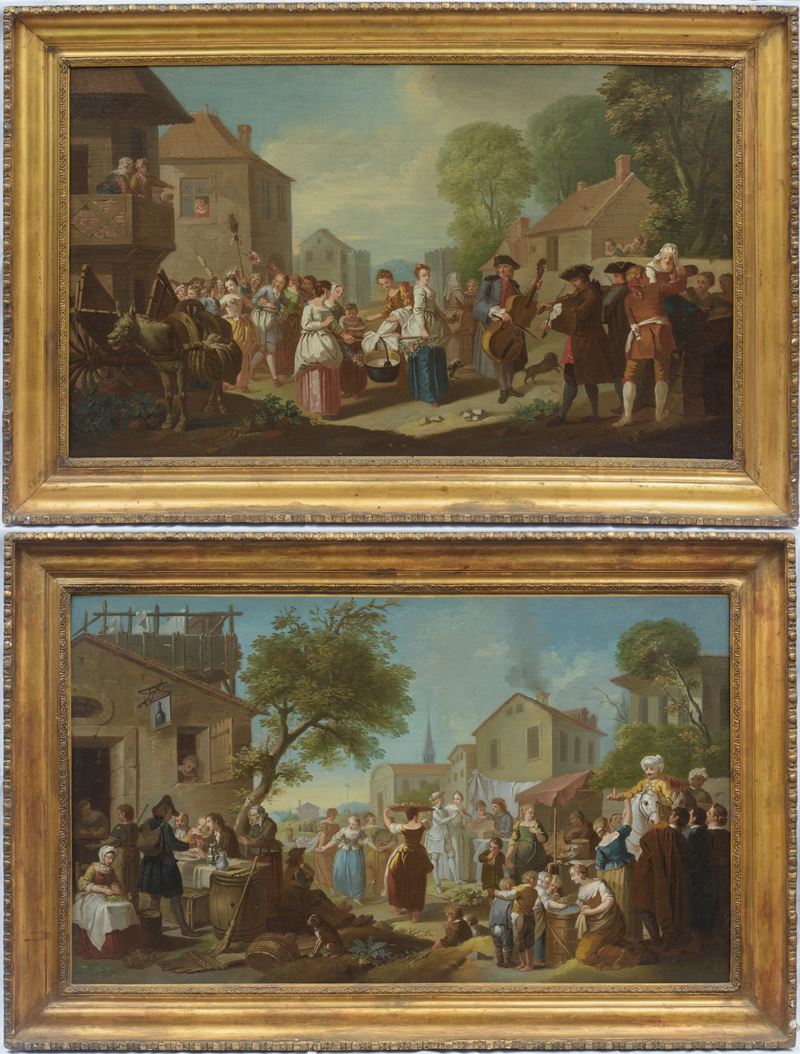 Coppia di dipinti raffiguranti scene di vita campestre
