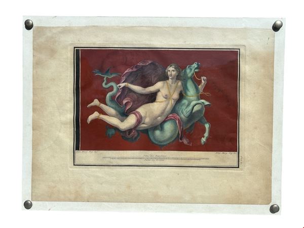 Filippo Morghen : Ninfa con Ippocampo  - incisione a bulino su carta, colorata a mano - Asta Art Décor -  Web Only - DAMS Casa d'Aste