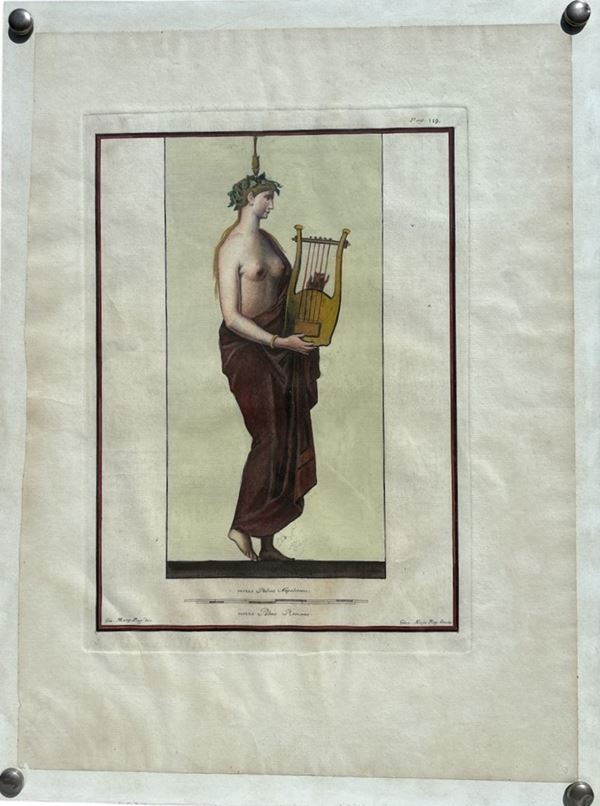 Giuseppe Antonio Aloja : Suonatrice di Lira  - incisione a bulino su carta, colorata a mano - Asta Art Décor -  Web Only - DAMS Casa d'Aste