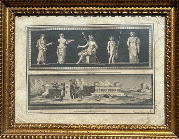 Filippo Morghen : Coppia di scene di gusto classico, personaggi e paesaggio romano  - incisione a bulino su carta - Asta Art Décor -  Web Only - DAMS Casa d'Aste