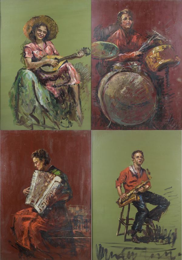 American School of the 20th Century - Four Paintings Depicting Musicians