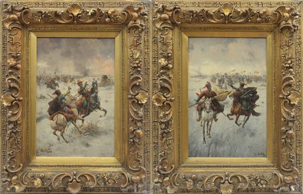 Constantin Stoiloff - Coppia di dipinti raffiguranti scene di battaglia siberiana