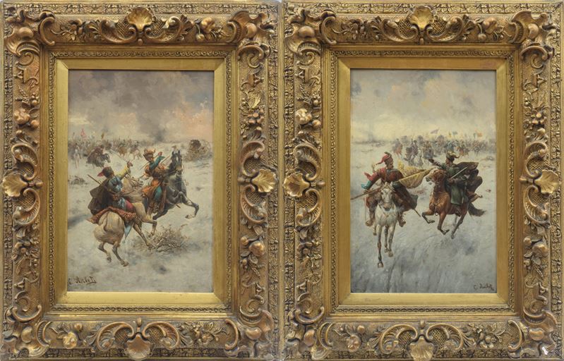 Coppia di dipinti raffiguranti scene di battaglia siberiana