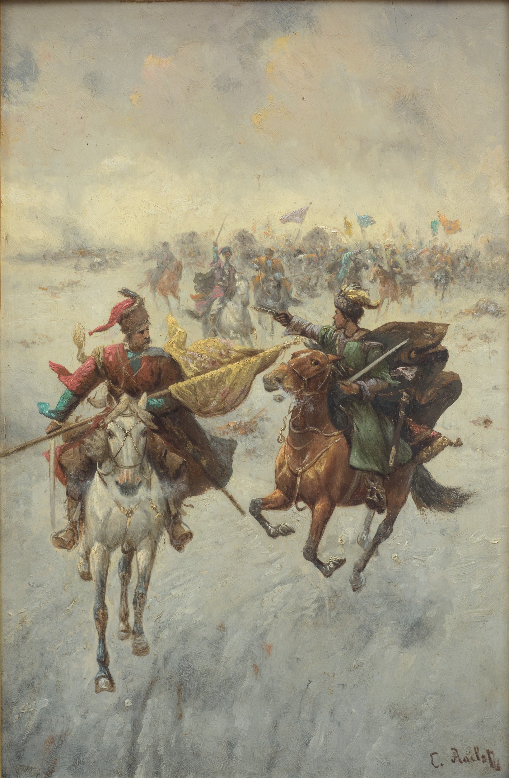 Coppia di dipinti raffiguranti scene di battaglia siberiana