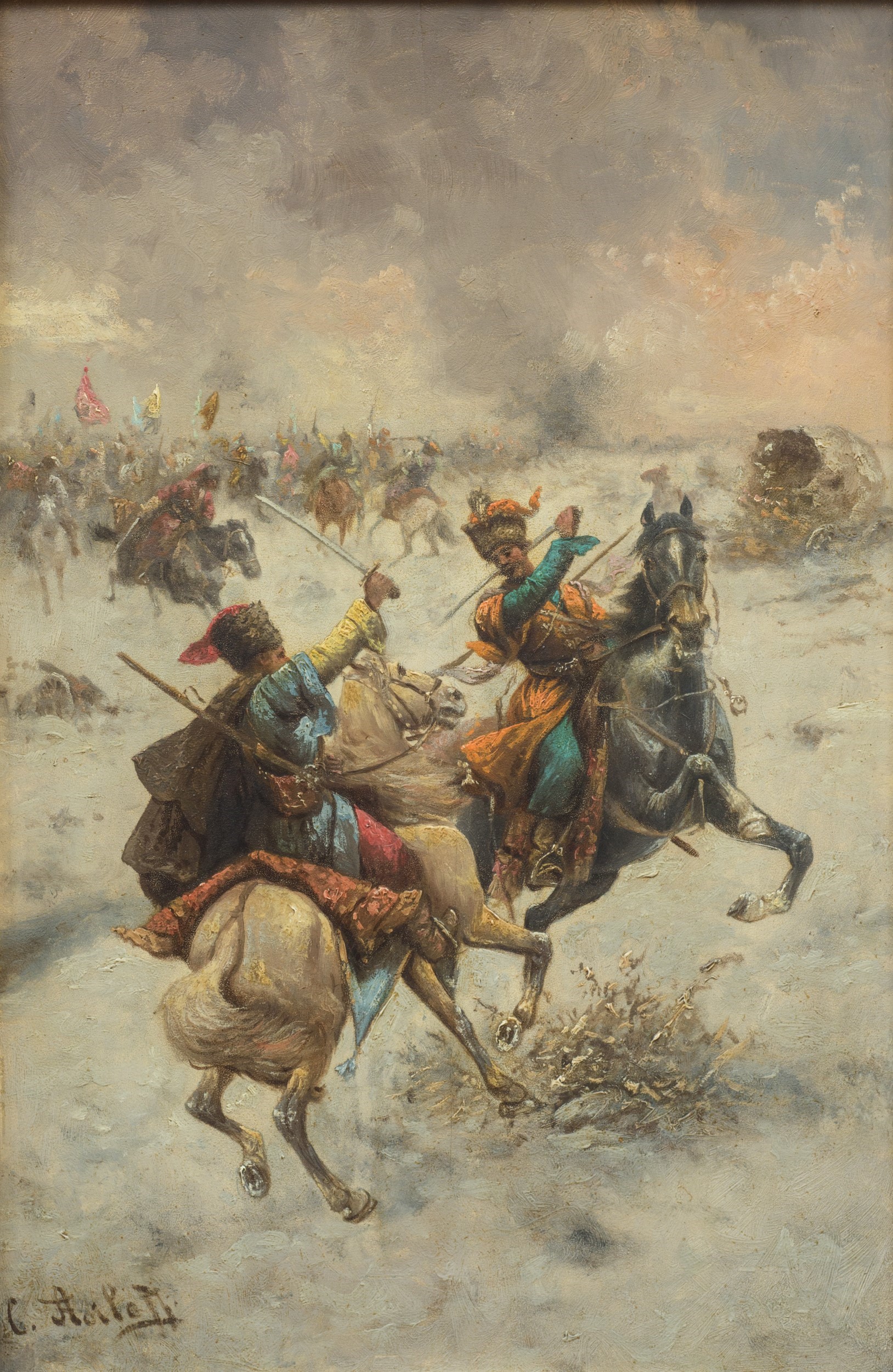 Coppia di dipinti raffiguranti scene di battaglia siberiana