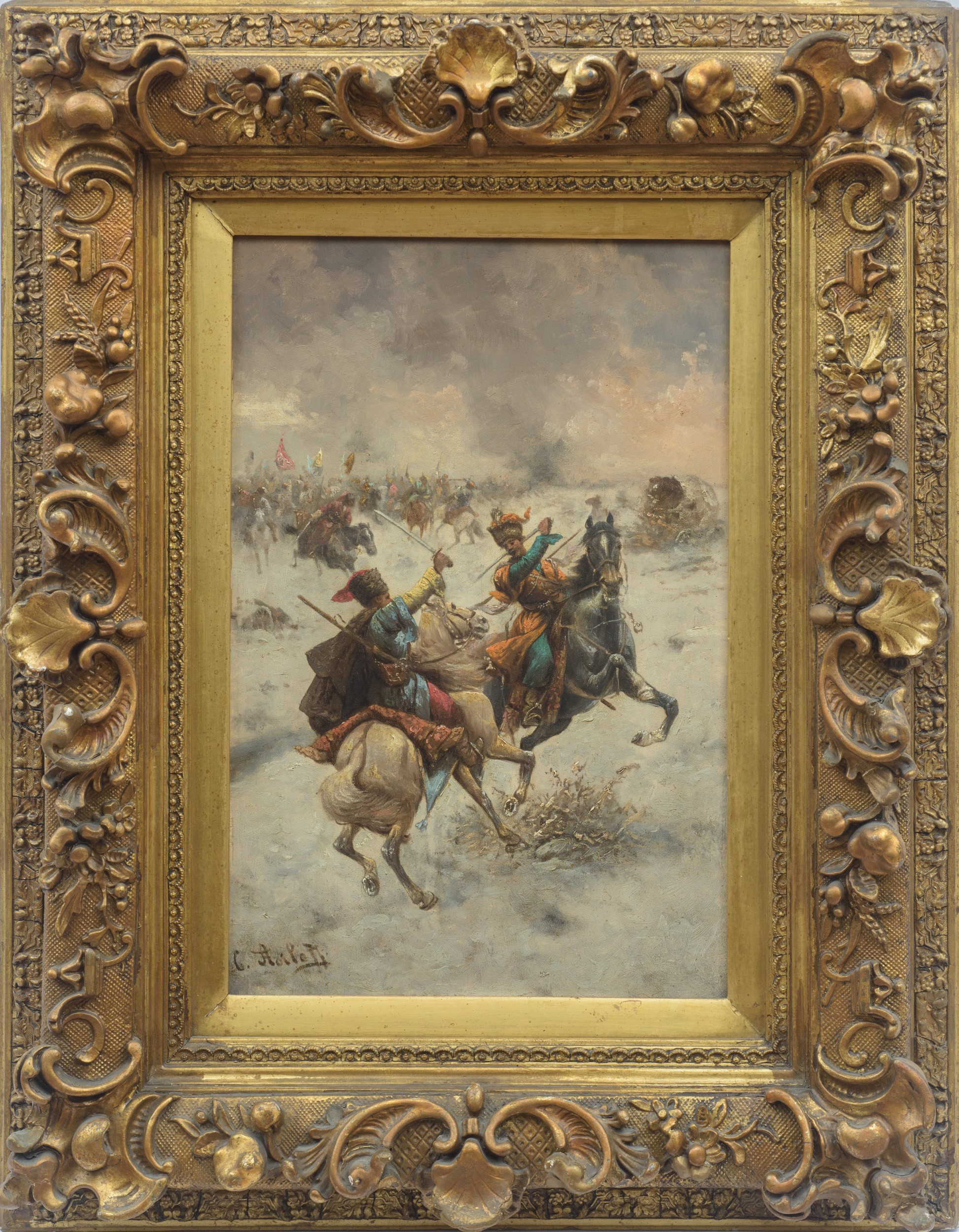 Coppia di dipinti raffiguranti scene di battaglia siberiana