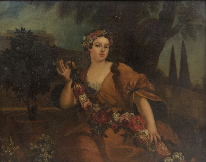 Scuola francese, Ritratto di dama come Flora, olio su tela