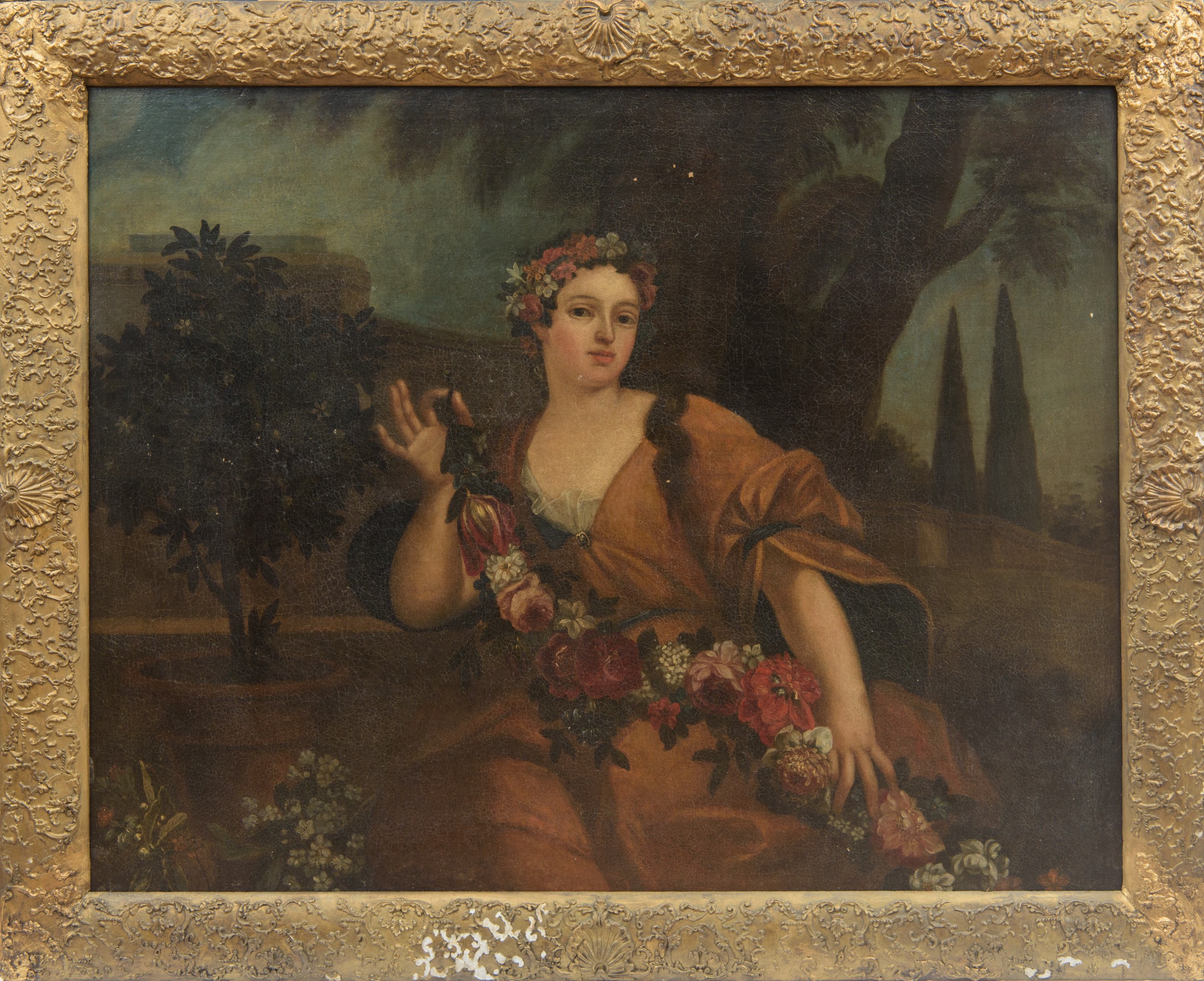 Scuola francese, Ritratto di dama come Flora, olio su tela