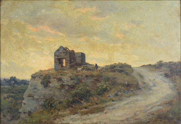 Daniel Duchemin - Paesaggio con rudere al tramonto