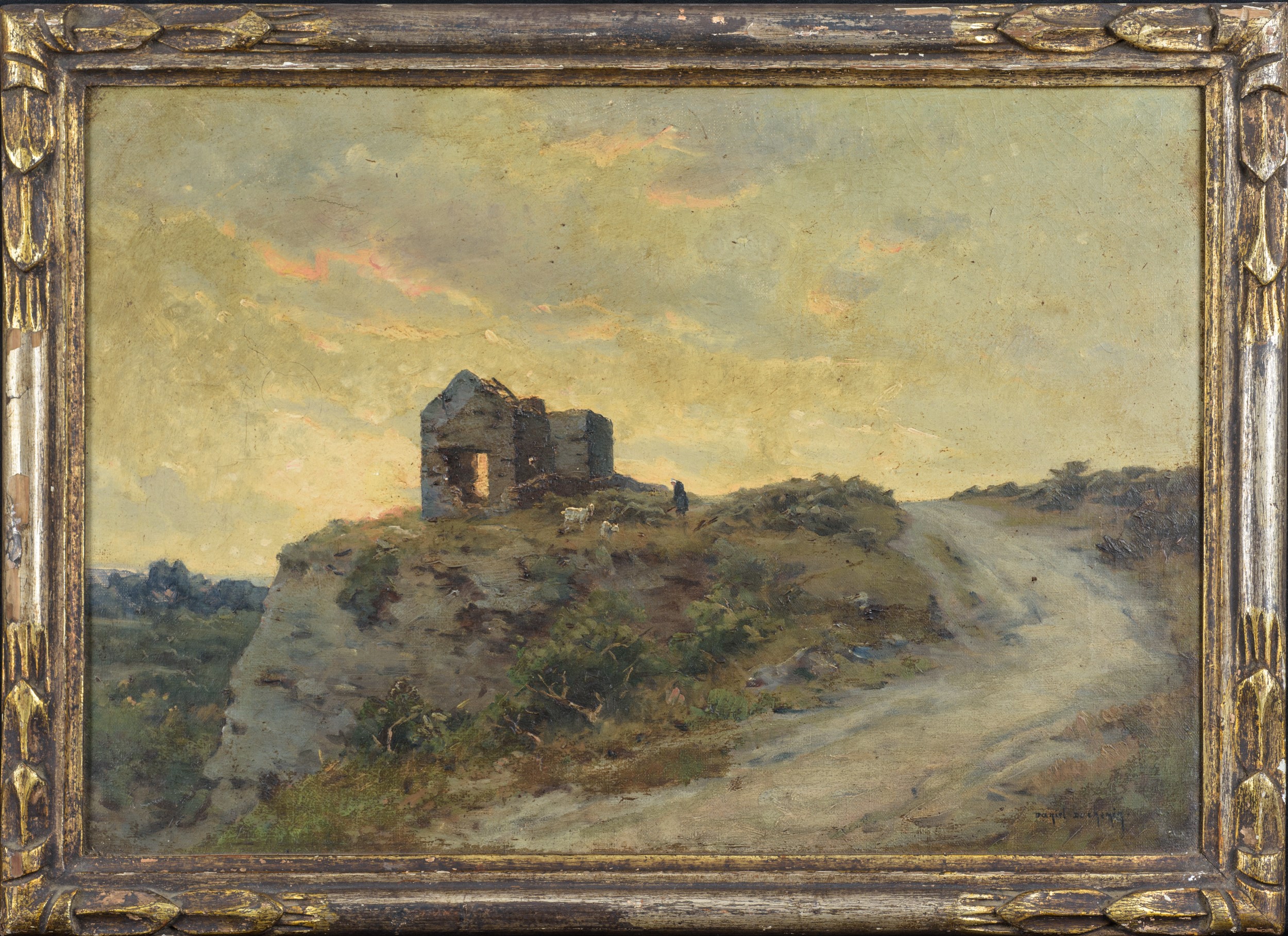 Paesaggio con rudere al tramonto