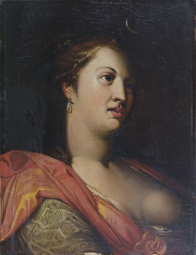 Anonimo del XIX secolo, Ritratto di dama come Diana cacciatrice, olio su tavola