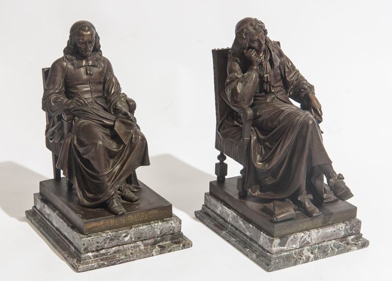 Coppia di sculture raffiguranti Corneille e Molière