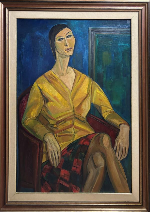 Figura femminile assisa con sfondo blu