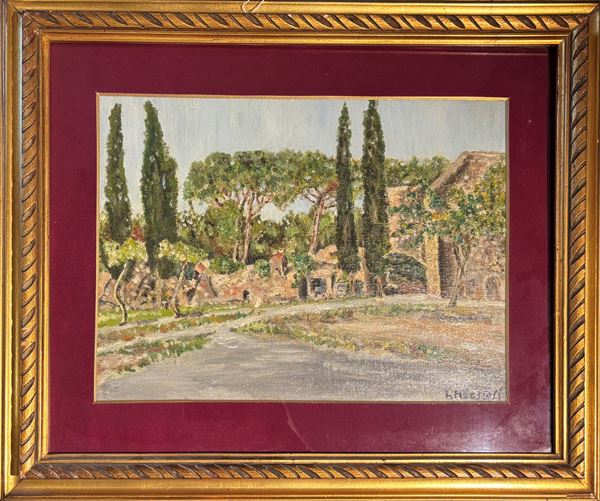 Paesaggio con cipressi  - Olio su tela - Asta Brocantage - Summer Edition  - DAMS Casa d'Aste