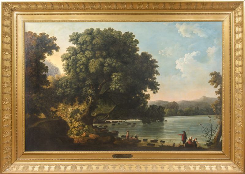 Paesaggio lacustre con quinta arborea e scorcio collinare