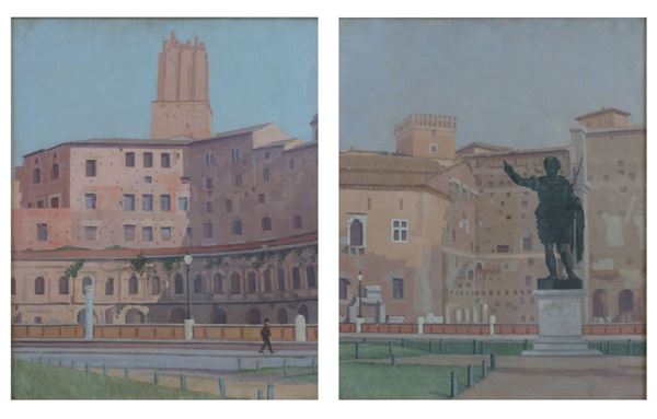 Veduta dei mercati di Traiano e scorcio dei Fori Imperiali con la scultura di Cesare Ottaviano 