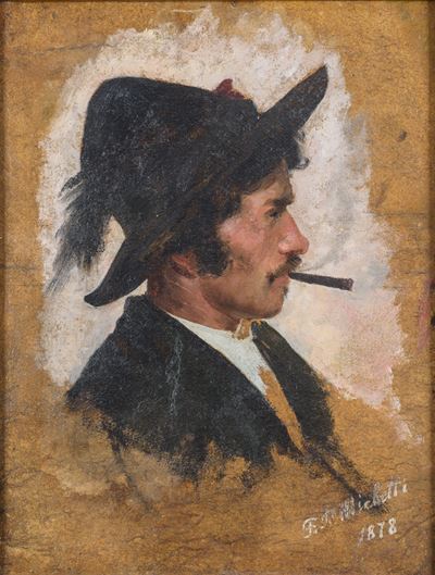 Profilo di uomo con sigaro, olio su tela