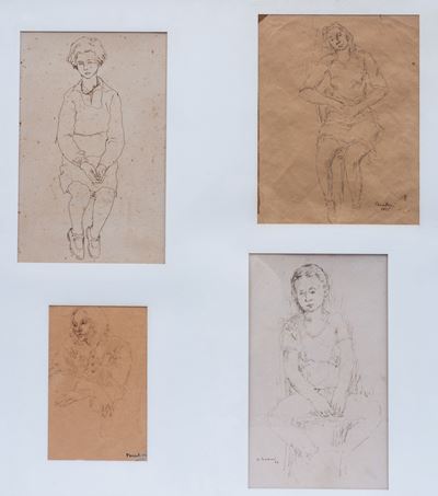 Quattro disegni raffiguranti ritratti in china su carta