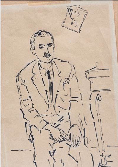 Ritratto di uomo seduto (inchiostro su carta giallina), 1946