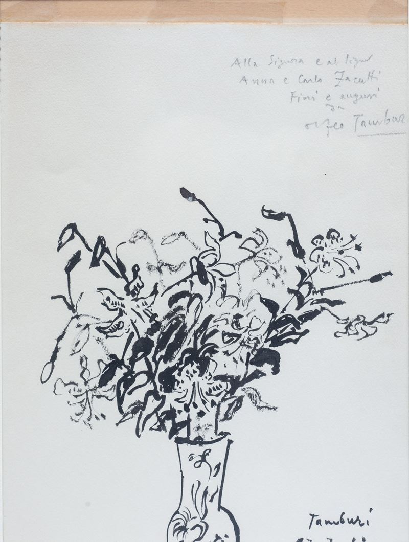 Orfeo Tamburi - Vaso di fiori, china su carta