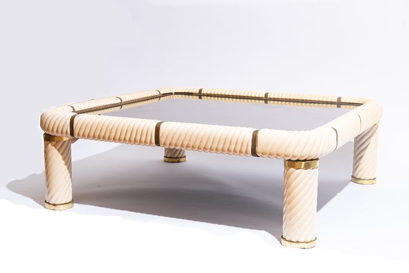 Tommaso Barbi - Tavolino da salotto in ceramica smaltata e ottone con piano in vetro specchiato